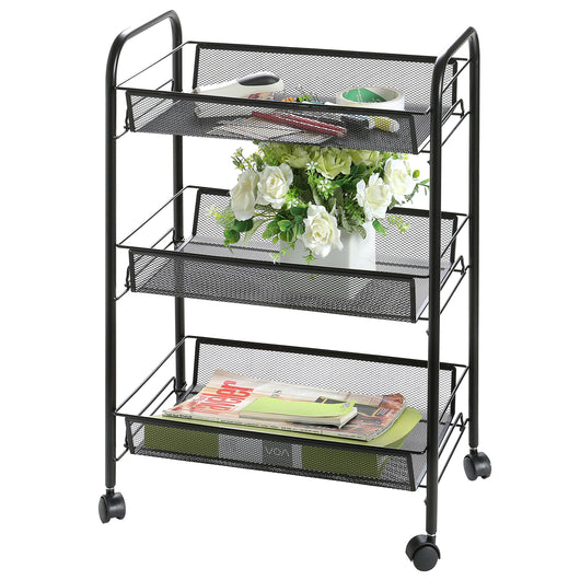 3 Tier Black Rolling Mesh Metal Storage Cart, Office Supplies and Craft Organizer Rack, 25.5 X 17.5 Inch (SHOMHNK004)