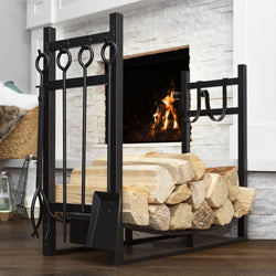 Firewood Log Storage Rack Accessory w/ Kindling Holder - Black