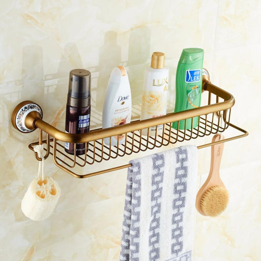 Antique Brass Blue & White Porcelain Bathroom SingleTier Bathroom Storage Rack Wall Mount Bathroom Shelf W/ Towel Bar 1805F