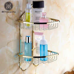 Brass Golden Double Wall Racks Kitchen Bathroom Shelving Storage Rack Bathroom Cosmetics Holder
