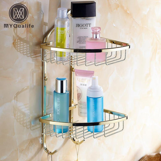 Brass Golden Double Wall Racks Kitchen Bathroom Shelving Storage Rack Bathroom Cosmetics Holder