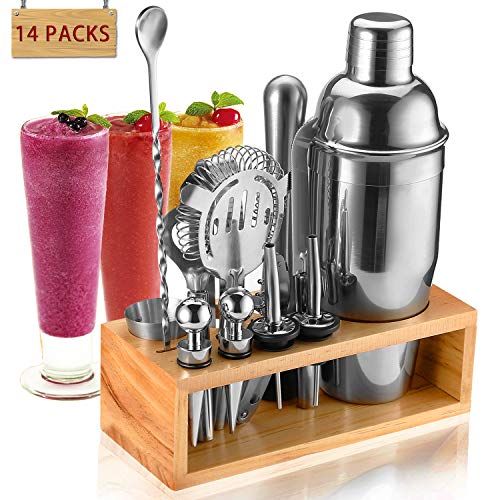 Cocktail Shaker Set Bartender Kit, NICEAO 14-Piece Bar Kit with 25oz Martini Shaker, Mixing Spoon, Double Jigger, Liquor Pourers, Muddler, Strainer and Ice Tongs, Professional Bar Mixology Set Tools