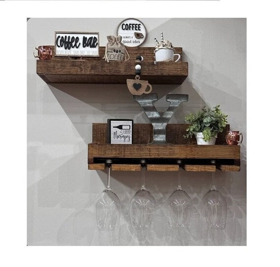 Wine rack, wood Wine Rack, wall mounted shelf, hanging Stemware Glass Holder, bar shelf, wine bottle holder, wine accessories by NativeRange