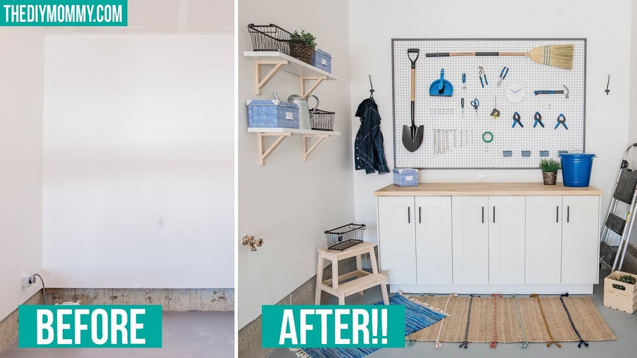 Learn how to build a workbench out of kitchen cabinets and a framed pegboard for practical and beautiful DIY garage storage