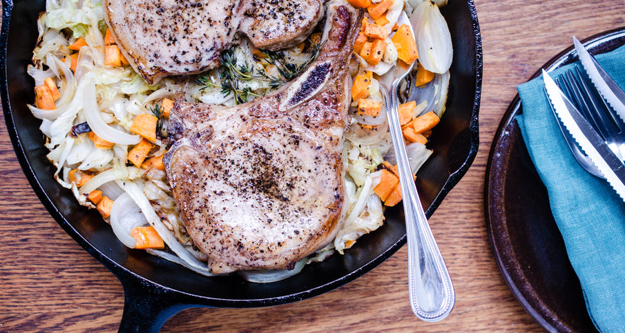 Skillet Suppers: Pork Chops with Cabbage and Sweet Potatoes