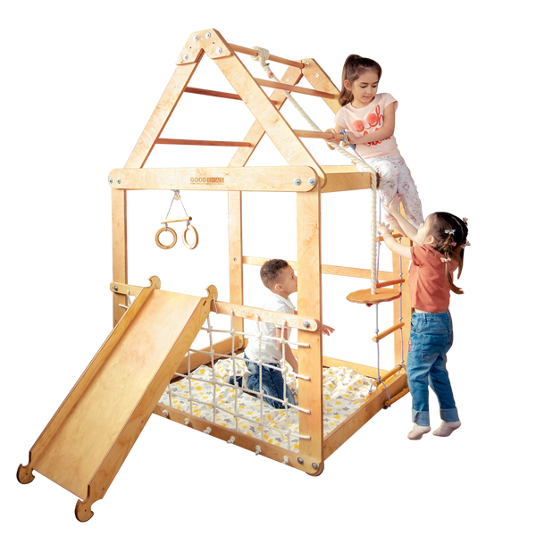 Goodevas Indoor Wooden Playhouse with Swings & Slide