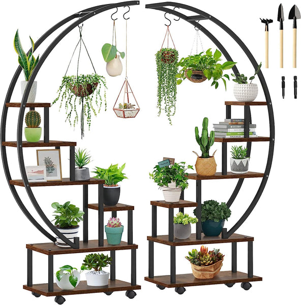 Seeutek 2 pcs 6 Tier Tall Metal Indoor Plant Stands with Hanging Loop,Half Moon Shaped Ladder Plant Shelf Holder,Multiple Plant Stand Flower Pot Rack for Home Decor Patio Lawn Garden Balcony.(Round-Brown with Wheels) $143.99