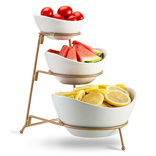 3 Tier Oval Bowl Set with Metal Rack,HabiLife Three Ceramic Fruit Bowl Serving – Tiered Serving Stand – Dessert Appetizer Cake Candy Chip Dip (Gold)