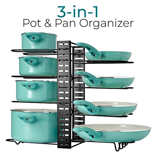 LATTI Pots and Pans Cabinet Organizer and Kitchen Storage Rack – 8 Shelf Metal Cookware Holder with Adjustable Dividers – Organization for Frying Pan, Pot Lid, Cast Iron Skillet, Baking Dish
