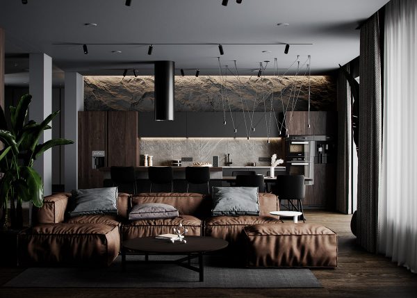 Earthy Brown And Black Decor With Rugged Rock Features & Luxurious Lighting