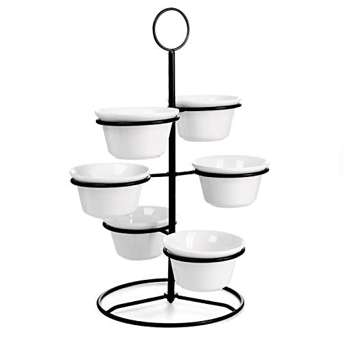 Sweese 739.101 Tiered Serving Stand With Bowls  Chip and Dip Serving Set with Metal Stand, Porcelain Serving Set for Snacks, Nuts, Condiments, Candy, White
