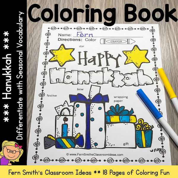 Hanukkah Coloring Pages with Differentiated Seasonal Vocabulary For Your Classroom