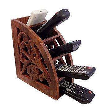 Wooden Carved Stand TV Remote Holder Stand Multi Organizer Device Home Accent