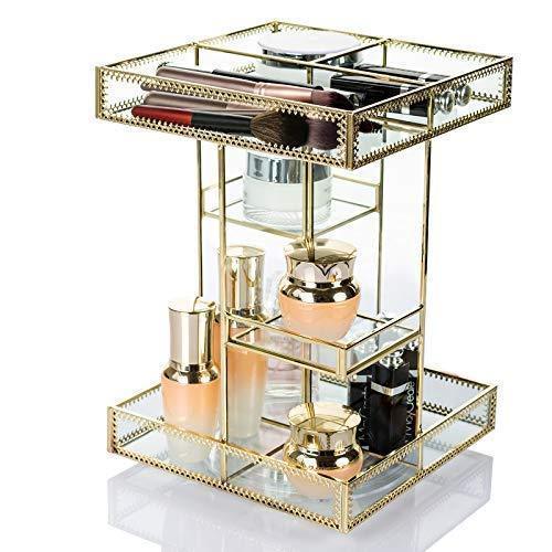 Display4top Antique Makeup Organizer,360 Degree Rotation Adjustable Jewelry Retro Countertop Cosmetic Storage Box,for Brushes Lipsticks Skincare Toner Perfume,Vanity Display (Gold)
