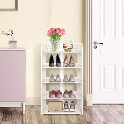 Ejoyous 5 Tier Shoes Rack, White Wood Plastic Modern Space-Saving Display Shoe Tower, Free Standing Shoes Storage Organizer Closet Shelves Holder Container for Home Office, Support Hold 10 Pair