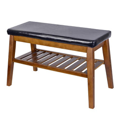 NNEWVANTE Shoe Bench Free Standing Organizing Rack Faux Leather Shoe Storage Racks Bamboo Seat for Closet Bedroom Kitchen Entry- 25.6in