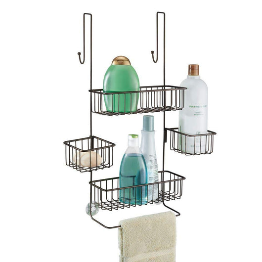 InterDesign Metalo Adjustable Over Door Shower Caddy – Bathroom Storage Shelves for Shampoo, Conditioner and Soap, Bronze