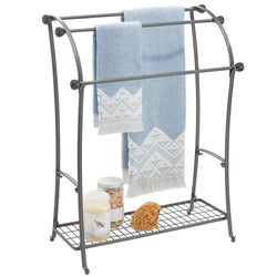 mDesign Large Freestanding Towel Rack Holder with Storage Shelf - 3 Tier Metal Organizer for Bath & Hand Towels, Washcloths, Bathroom Accessories - Graphite Gray