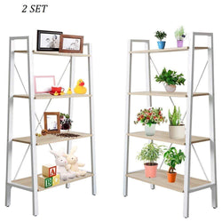 Dporticus 2 Set 4 Tier Modern Ladder Bookshelf Free Standing Open Bookcase Storage Shelf Units Display Stand, Oak White, 31.4