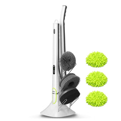 Phaewo Spin Scrubber with LED Display, Long Extension Handle Shower Cleaner, Including 2 Power Scrubber Brushes, 3 Mops, One Sponge and a Storage Rack, New Generation of Cleaning Supplies, White