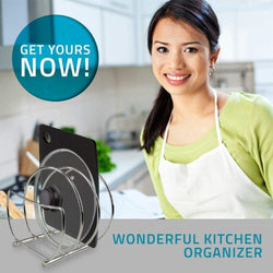 Kitchen Pot Lid Organizer, 3 Slots Compartment Pan Cover Storage Rack for Dinnerware Bakeware Cookware Chopping Board, Compact Design Stainless Steel Anti Rust Tray Holder