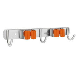 Vodolo Mop Broom Holder Wall Mount Garden Tool Organizer, Stainless Steel Duty Organizer with 2 Racks 3 Hooks for Kitchen Bathroom Closet Garage Office Laundry, Screw or Adhesive Installation, Orange