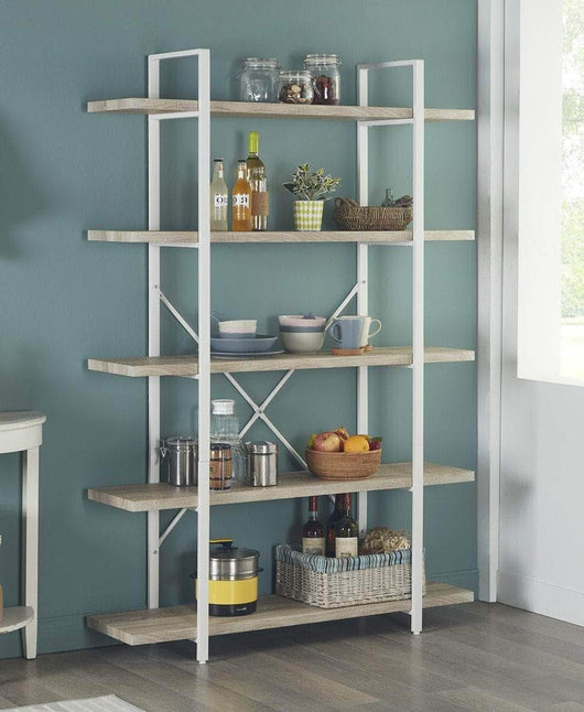 Homissue 5-Shelf Modern Style Bookshelf, Light Oak Shelves and White Metal Frame, Display Storage Rack for Collection, 70.0-Inch Height
