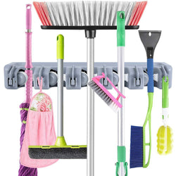 JOSHNESE Mop Broom Holder, Broom Hanger with 5 Positions and 6 Hooks, Wall Mounted Broom Organizer Home Tools Storage Rack for Kitchen Garden and Garage