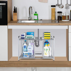 Bextsware Metal Under Sink 2-Tier Expandable Shelf Organizer Rack, Adjustable Height and Position, 7 Removable Shelves - Expandable 18'' to 25''for Kitchen Bathroom Cabinets Storage, Chrome