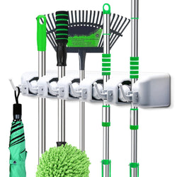 LETMY Broom Holder Wall Mounted - Mop and Broom Hanger Holder - Garage Storage Rack&Garden Tool Organizer - 5 Position 6 Hooks for Home, Kitchen, Garden, Tools, Garage Organizing