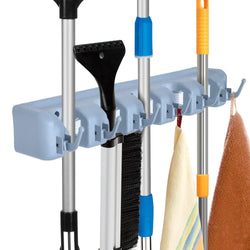 Auwey Broom Mop Holder Wall Mount with Hook Gripper Slot, Garden Storage Rack Mop Broom Handle Kitchen Storage Garage Garden Tools Commercial Organizer Grey (5 Position 6 Hooks)