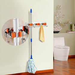 Bosszi Broom Holder Mop Holder Gardening Tools Organizer, SUS 304 Stainless Steel Brushed & Non-Slip Silicone Self-Adhesive Mounted Storage Racks with 3 Positions & 4 Hooks Holds Up to 7 Tools Firmly