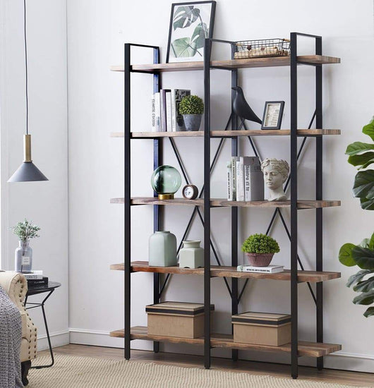 O&K FURNITURE Double Wide 5-Tier Open Bookcases Furniture, Vintage Industrial Etagere Bookshelf, Large Book Shelves for Home Office Decor Display, Retro Brown