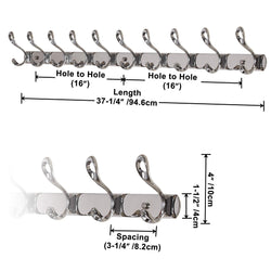 Dseap Wall Mounted Coat Rack Hook: 10-Hooks, 37-5/8” Long, 16” Hole to Hole, Heavy Duty, Stainless Steel, for Coat Hat Towel Robes Mudroom Bathroom Entryway (Dual-Holes, Chromed, 2 Packs)