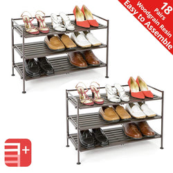 Seville Classics 3-Tier Stackable 9-Pair Woodgrain Resin Slat Shelf Sturdy Metal Frame Shoe Storage Rack Organizer (2-Pack), Perfect for Bedroom, Closet, Entryway, Dorm Room, Espresso,