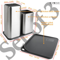 TOPHOME Cutlery Holder Set Knife Block & Cutting Board Set Kitchen storage Silverware Caddy Organizer Table Storage Utensil Drying Rack Holder for Kitchen Countertop Compartment Drainer