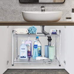 Bextsware Under Sink Shelf Organizer| 2-Tier Storage Rack with Flexible & Expandable 15 to 27 inches for Kitchen Bathroom Cabinet