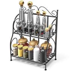 Spice Rack, iSPECLE 2-Tier Foldable Shelf Rack Kitchen Bathroom Countertop, 2-Tier Standing Storage Organizer Spice Jars Bottle Shelf Holder Rack -Black