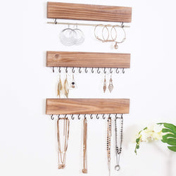 RHF Rustic Jewelry Organizers, Necklace Holder, Wall Mounted Storage Rack, Wood & Metal Jewelry Organizers,Bracelets Hook Racks,Earring Bar,Hanging Jewelry Organizer Display Home Decor, Set of 3