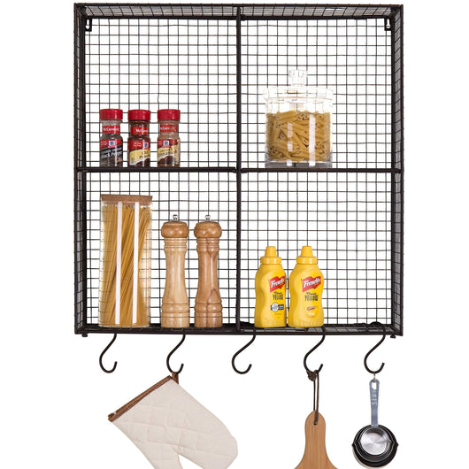 MyGift Wall-Mounted Brown Metal Wire 4-Compartment Storage Rack with 5 S-Hooks