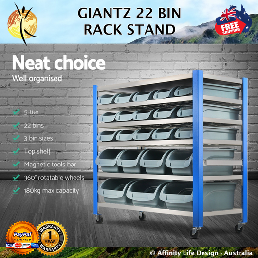 Giantz 22 Bin Storage Rack Stand 5 Tier Moveable on Castor Wheels