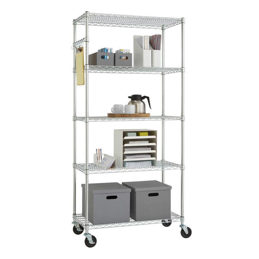 Chrome 5-Tier Steel Wire Kitchen Storage Rack Shelving Unit on Casters