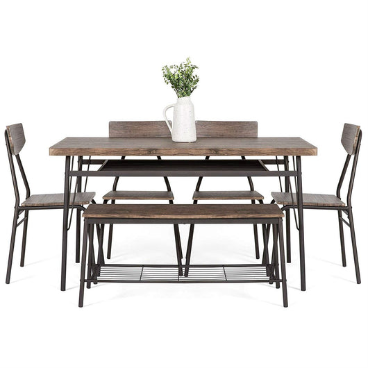6-Piece Brown Wooden Dining Set with 4 Chairs Bench and Storage Racks