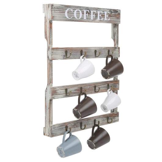 12-Hook Rustic Wall-Mounted Wood Coffee Mug Holder, Kitchen Storage Rack, Brown