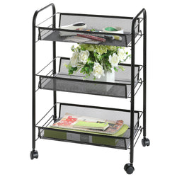 3 Tier Black Rolling Mesh Metal Storage Cart, Office Supplies and Craft Organizer Rack, 25.5 X 17.5 Inch (SHOMHNK004)