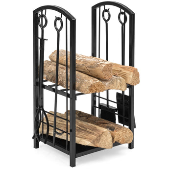 5-Piece Firewood Log Rack Holder Tools Set w/ Hook, Broom, Shovel, Tongs