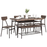 6-Piece Modern Dining Set w/ Storage Racks, Table, Bench, 4 Chairs - Brown