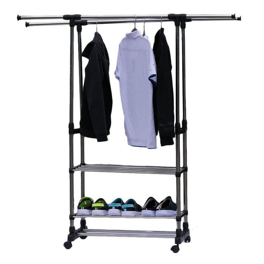 Dual Bars Horizontal & Vertical Telescope Style 3 Tiers Stainless Steel Clothing Garment Shoe Rack B