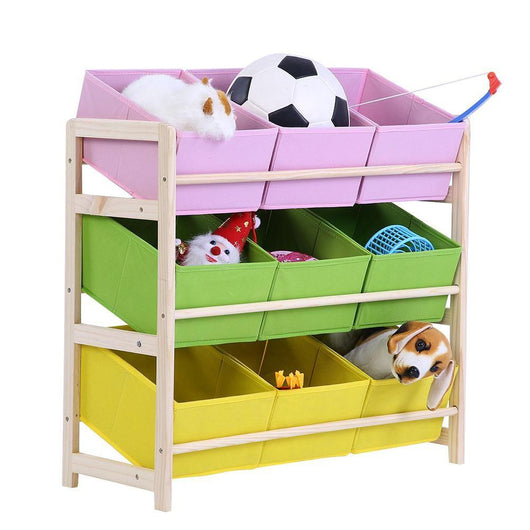 3-tier Baby Kids Toy Wooden Shelf Storage Rack Organizer Holder + 9 Fabric Boxes Cases
