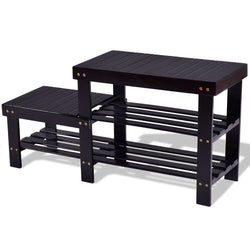2 -Tier Bamboo Shoe Bench Boot Storage Racks-Black
